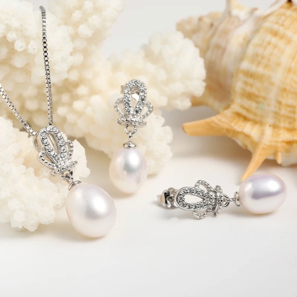NWT 925 ST SILVER NATURAL PEARL CROWN PENDANT & EARRING JEWELRY SETS - Picture 3 of 15